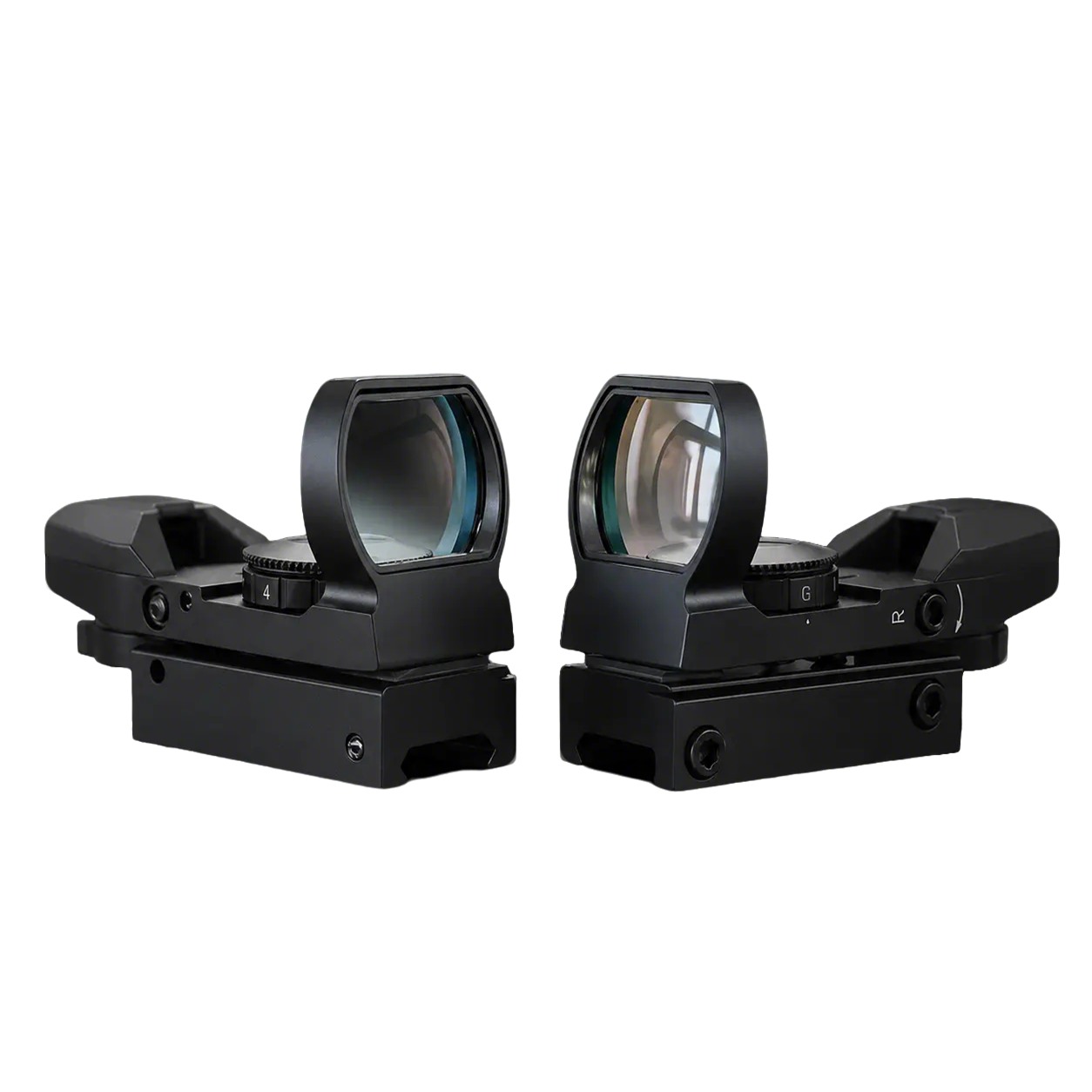 LockTactic 4 Reticle Red Dot Sight Pair – Matte Black Tactical Optic with 20mm Picatinny Rail Mount, Angled View