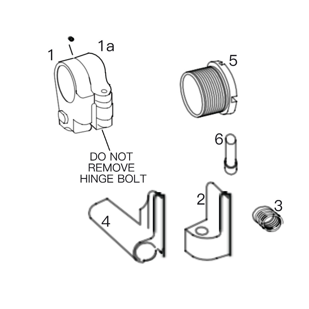 LockTactic installation step 1 diagram showing hinge assembly, side plate cover, button spring, button, threaded flange, and hex screw