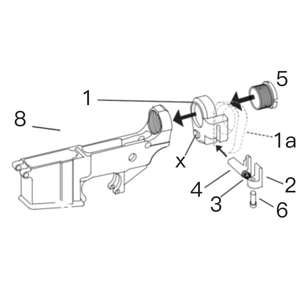 LockTactic installation step 3 diagram showing adapter hinge assembly, threaded flange, flange tool, button, spring, cover, and screw