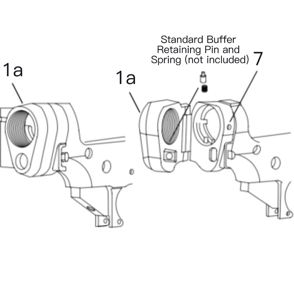 LockTactic installation step 4 diagram showing stock side hinge assembly, flange set screw, and standard buffer retaining pin and spring