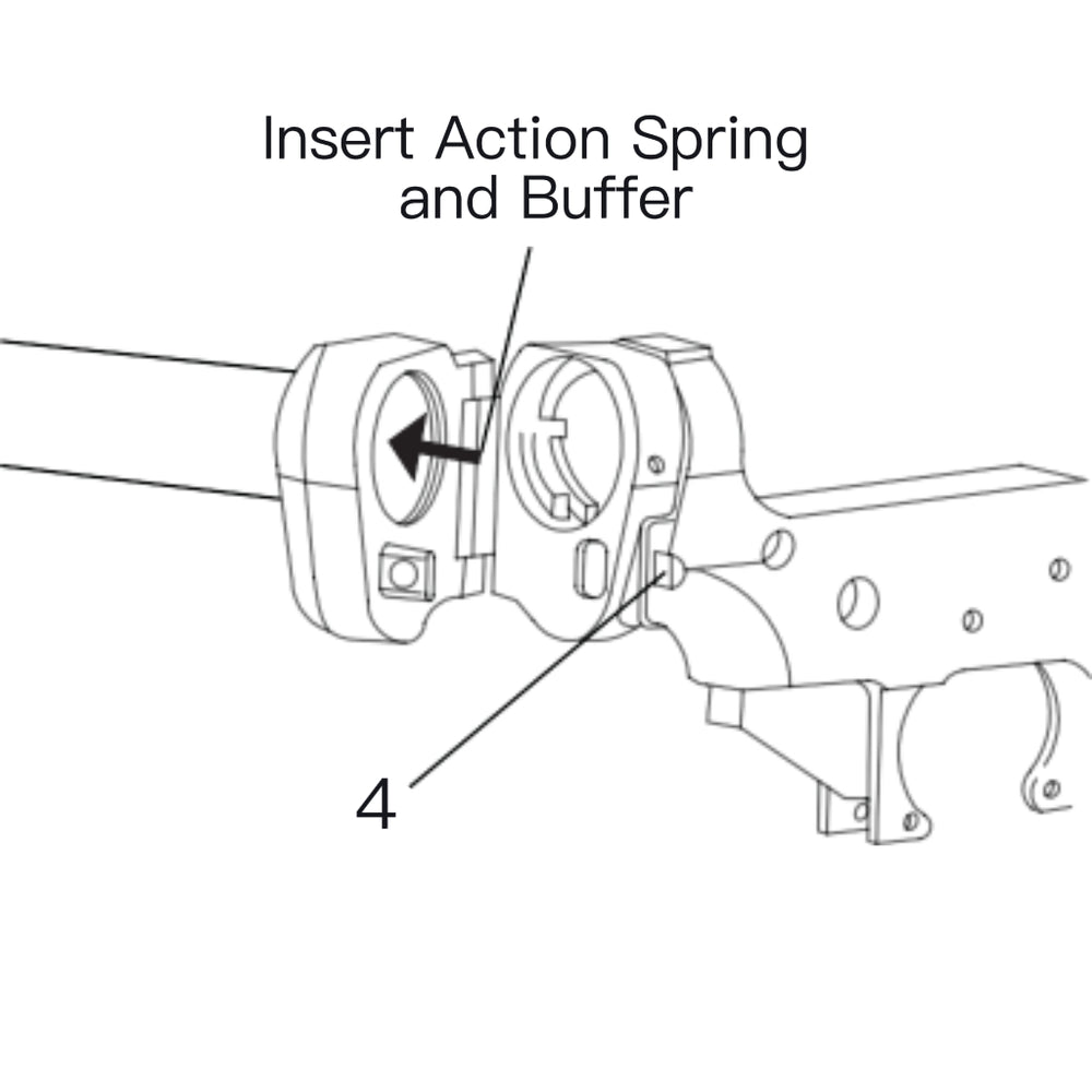 LockTactic installation step 5 diagram showing action spring and buffer inserted into the buffer tube while adapter is folded open