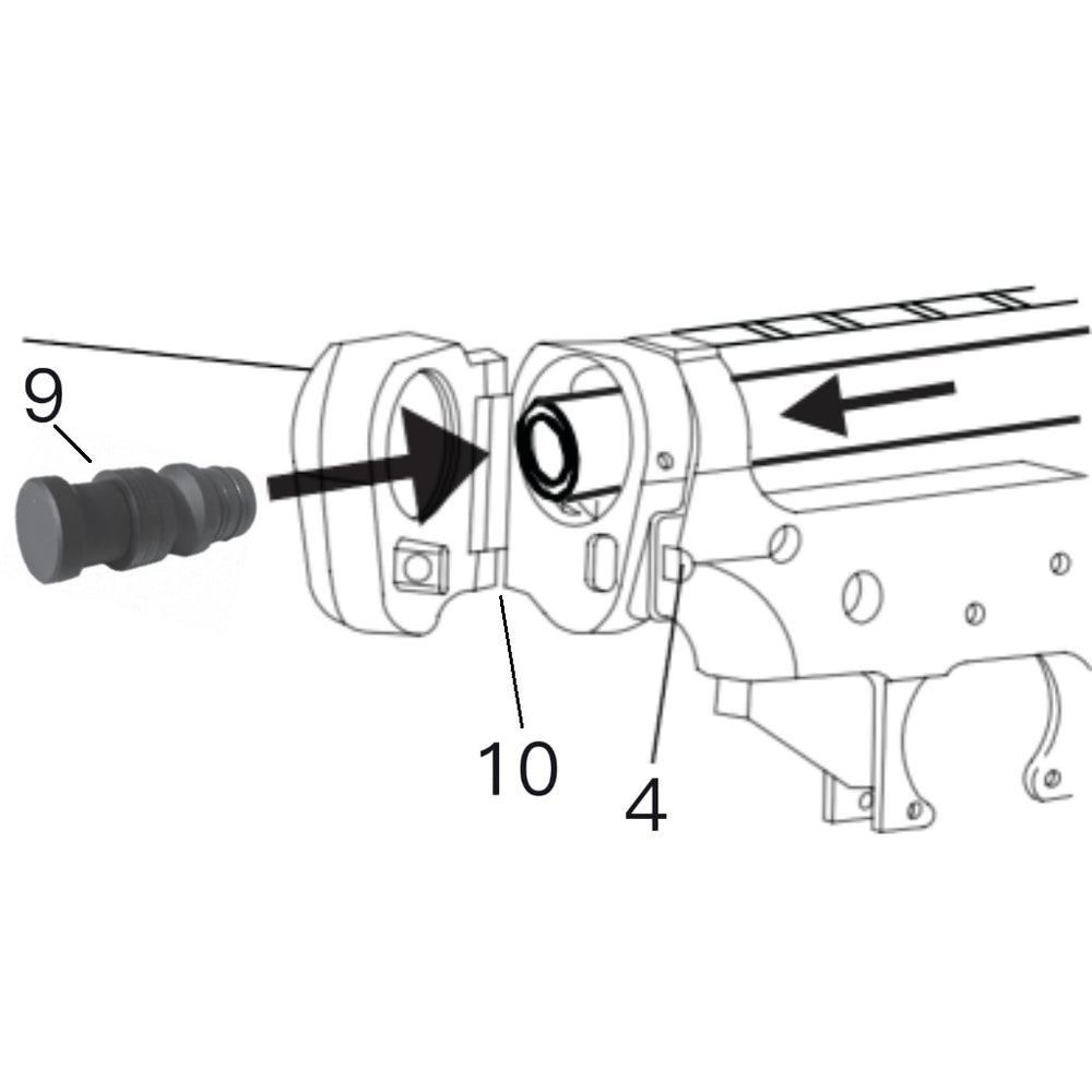 LockTactic installation step 6 diagram showing bolt carrier extension inserted into bolt carrier group with hinge screw and button labels