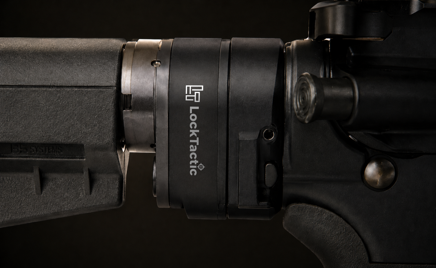 LockTactic folding stock adapter installed on rifle hardware