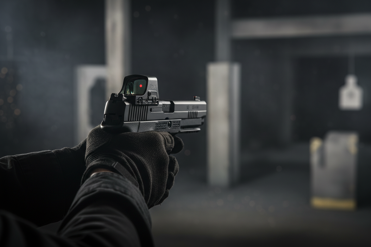 LockTactic RMR miniature reflex red dot sight mounted on pistol in tactical shooting scenario