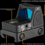 LockTactic RMR miniature reflex red dot sight with labeled features - brightness settings button, elevation adjustment screw, windage adjustment screw, and picatinny rail mounts on black background