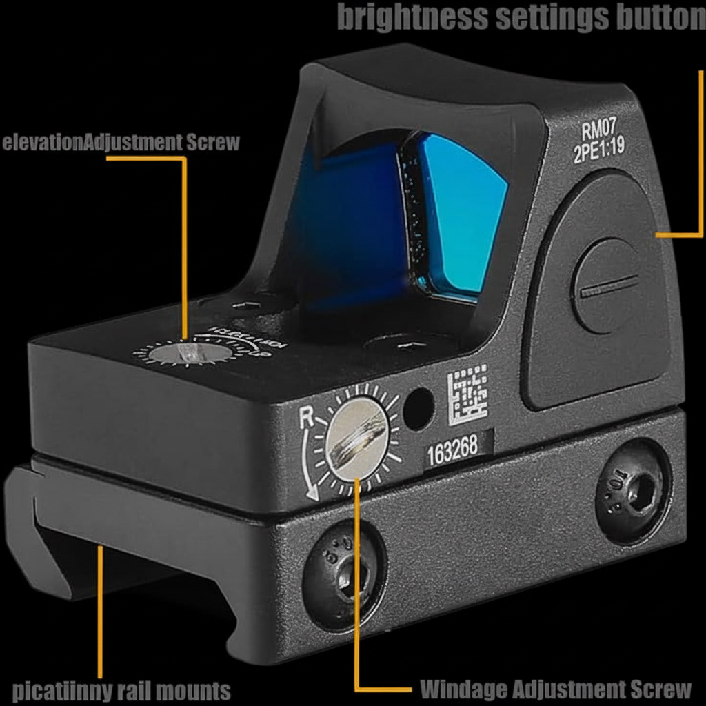 LockTactic RMR miniature reflex red dot sight with labeled features - brightness settings button, elevation adjustment screw, windage adjustment screw, and picatinny rail mounts on black background