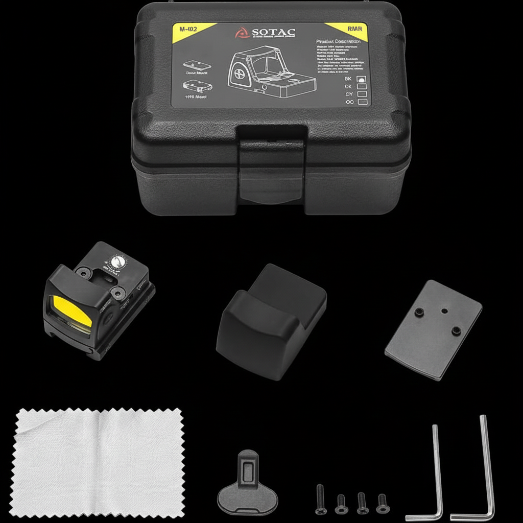 LockTactic RMR red dot sight complete kit contents - reflex sight with yellow lens, protective carrying case, mounting plate, lens cloth, adjustment tool, screws, and hex keys on black background