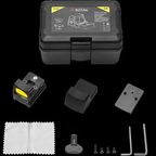LockTactic RMR red dot sight complete kit contents - reflex sight with yellow lens, protective carrying case, mounting plate, lens cloth, adjustment tool, screws, and hex keys on black background