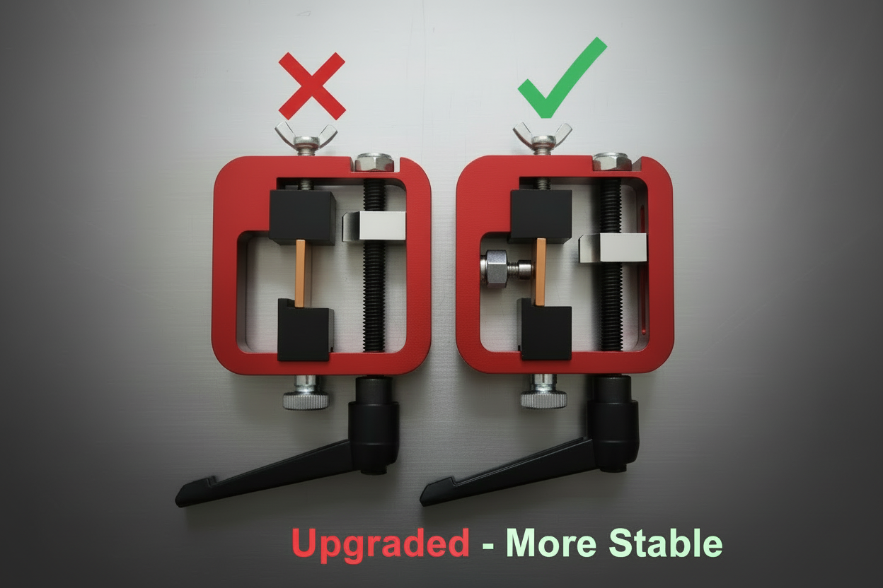 Glock sight pusher tool comparison - original vs upgraded model on dark tactical background with tool accessories