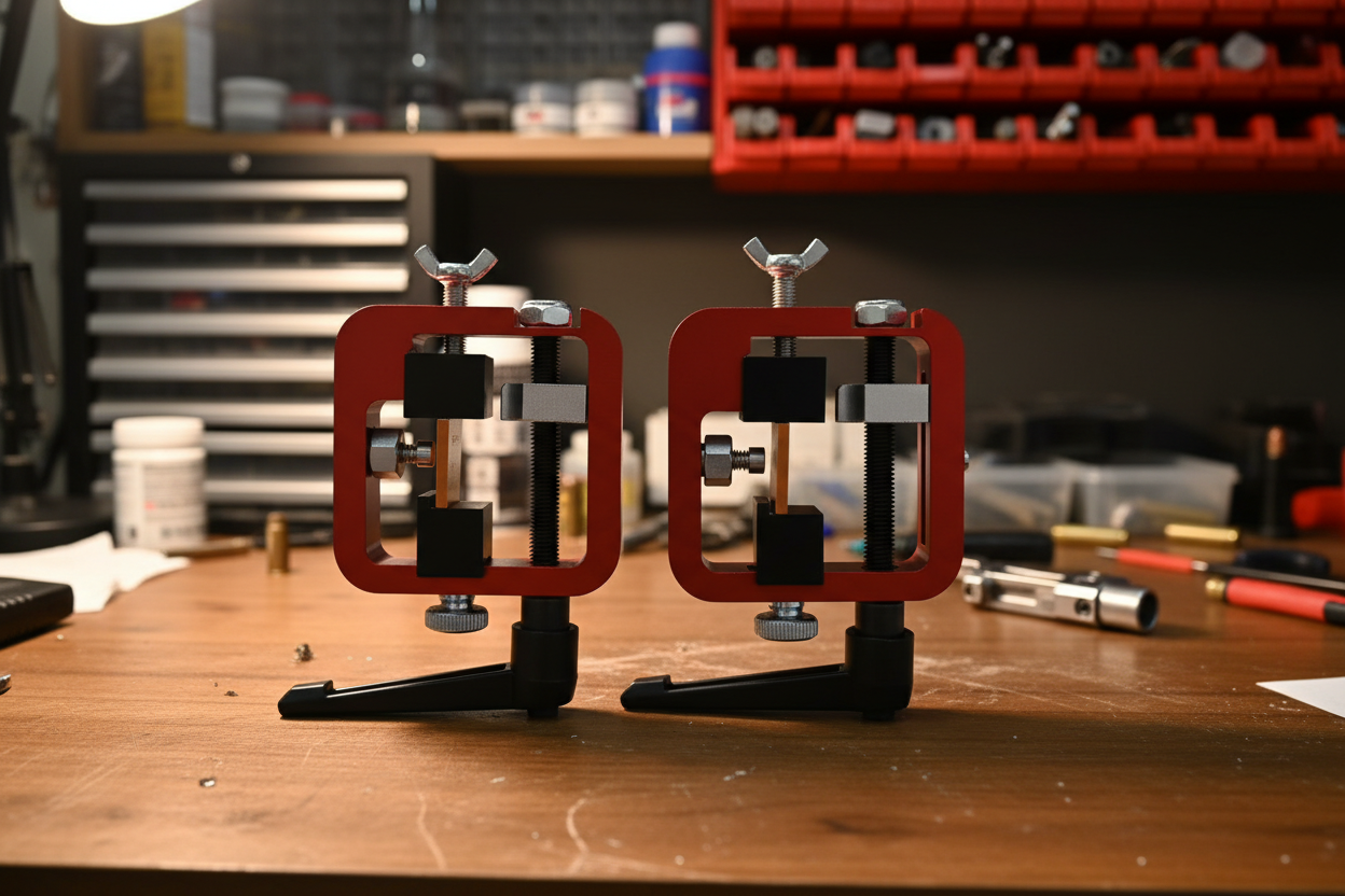 Professional gunsmith workspace showing two Glock sight pusher tools side by side on wooden workbench