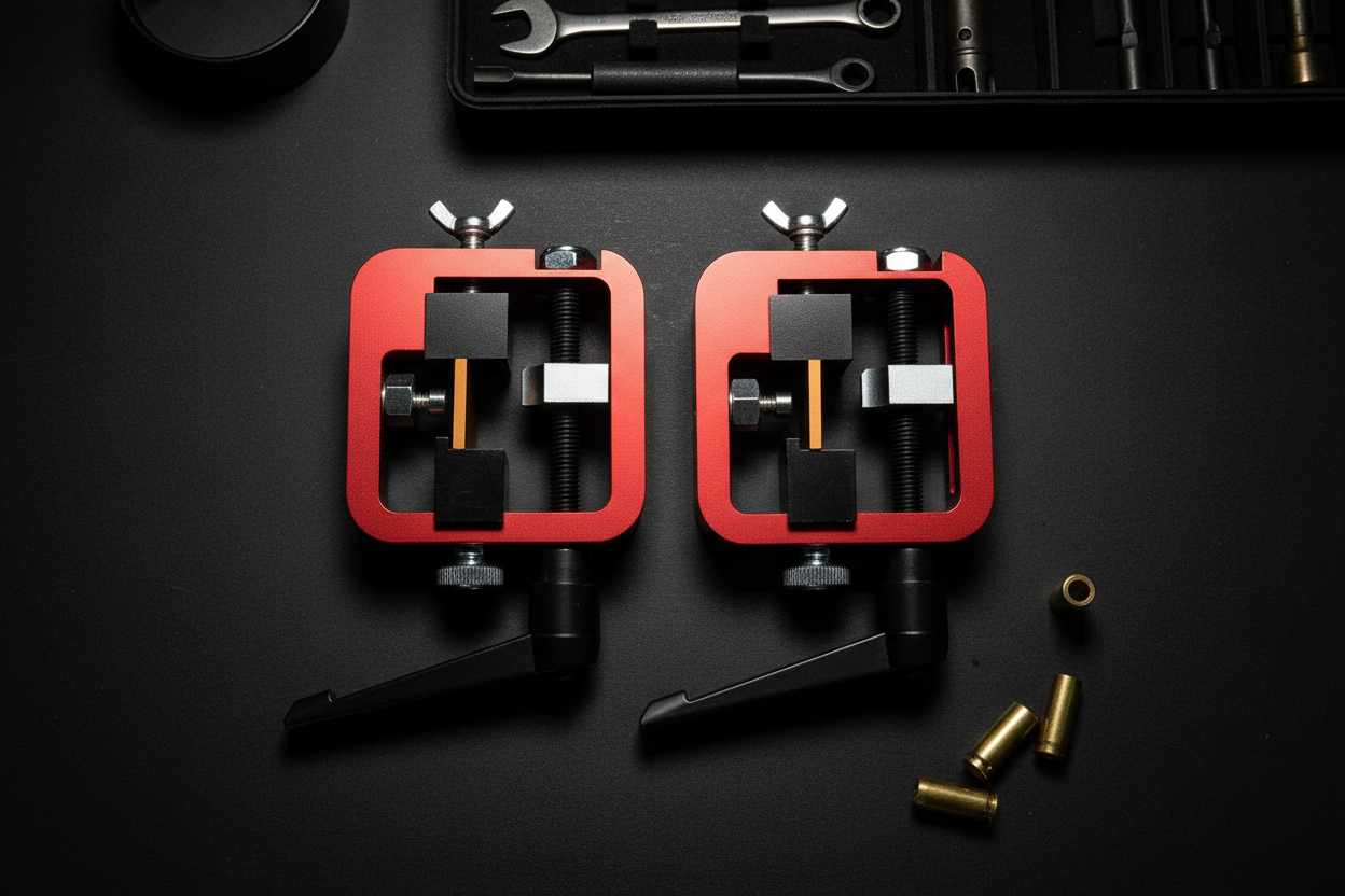 Glock sight pusher tool comparison - original vs upgraded model on dark tactical background with tool accessories